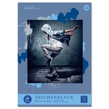 Zeichenblock im DIN A3 Format mit 10 Blatt, präsentiert auf blauem Hintergrund.