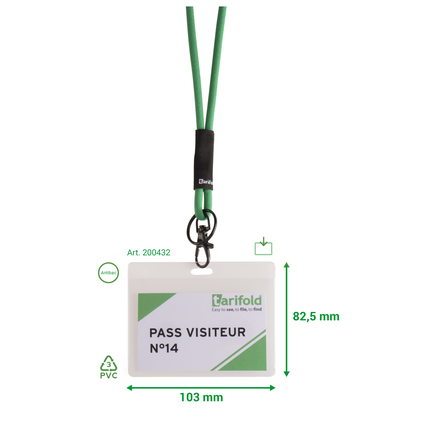 Namensschild mit grünem Lanyard und Antikipper, enthält Platz für einen Ausweis.