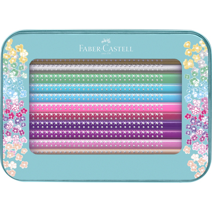 Buntstifte in türkisfarbenem Metalletui mit Blumendesign und Sparkle Effekt.
