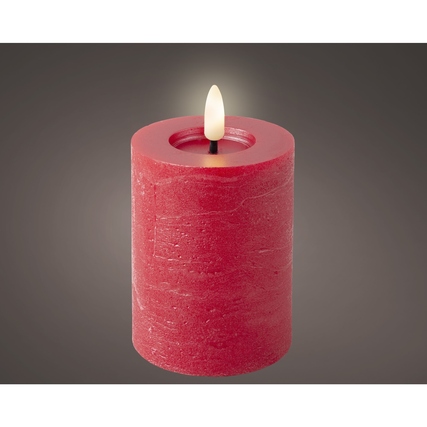 Rote LED-Kerze mit Flackereffekt in zylindrischer Form, Höhe 11,2 cm und Durchmesser 7 cm.