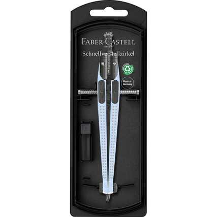 Zweifüßiger Schnellverstellzirkel in Verpackung mit Zubehör und Sichtfenster.