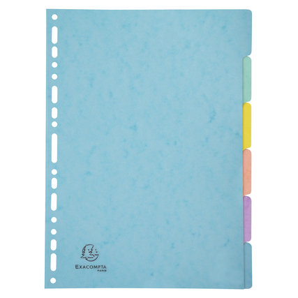 Buntes Ordnerregister mit sechs Registerblättern in einem hellblauen Design.