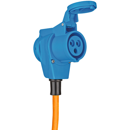 CEE-Stecker des Verlängerungskabels mit selbstschließendem Deckel, in Blau und Orange.
