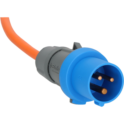 CEE-Verlängerungskabel mit blauem Stecker und orangefarbenem Kabelende.