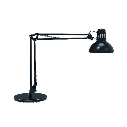 Schwarze Tischleuchte mit flexiblem Arm und schwerem Standfuß in Seitenansicht.
