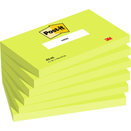 Neongrünfarbene Post-it Haftnotizen in einem gestapelten Format.