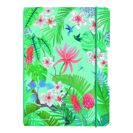 Notizheft mit grünem Dschungelmuster und floralen Motiven auf der Vorderseite.