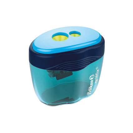 Doppeldosenanspitzer mit transparentem Container und zwei Löchern für Stifte.