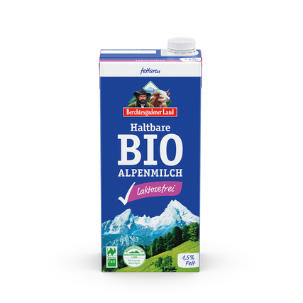 Pappkarton mit BIO laktosefreier H-Milch und Bergmotiv, 1,5 % Fettgehalt.