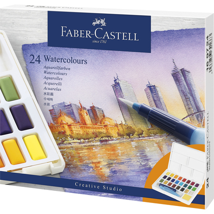 Aquarellfarben in Näpfchen und Wassertankpinsel in Verpackung, ideal für Kreativprojekte.