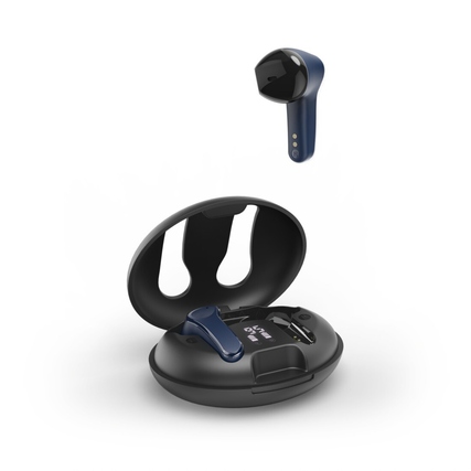 Kabellose blaue Earbuds mit Ladecase, wobei einer der Kopfhörer aus dem Case herausragt.