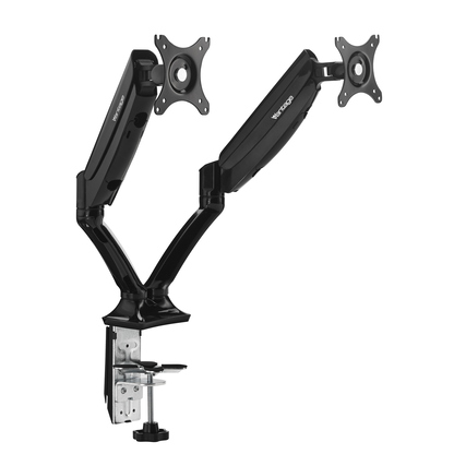 Doppel-Monitortragarm mit zwei Armen und VESA-Halterungen für ergonomische Einstellungen.