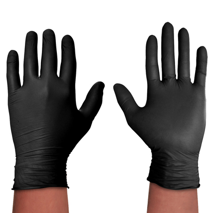 Schwarze Einweghandschuhe mit glatter Oberfläche in aufrechter Handposition.