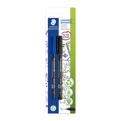 Zwei schwarze Folienstifte im Blisterpack, geeignet für Overhead-Projektion.