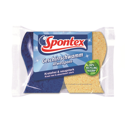 Reinigungsschwamm mit blauer und gelber Seite in Verpackung.