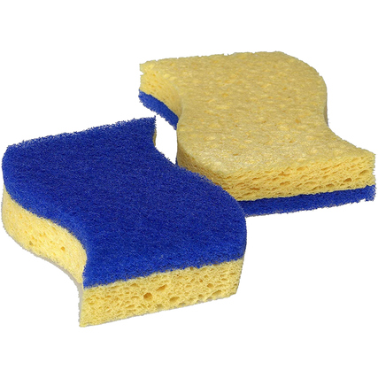 Gelber Reinigungsschwamm mit blauer kratzfreier Seite, geeignet für den Abwasch.
