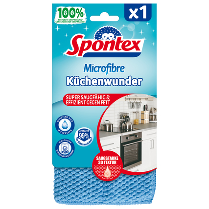 Mikrofasertuch in blauer Farbe mit Verpackung, zeigt Textur und Verwendung in der Küche.
