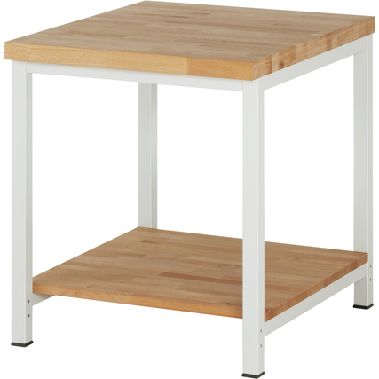 Holztisch mit Buchen-Arbeitsplatte und weißem Stahlgestell, inklusive Ablageboden.