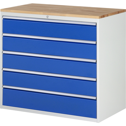 Schubladenschrank mit blauen Fronten und Holzplatte, fünf Schubladen.