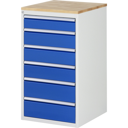 Schubladenschrank mit 6 blauen Schubladen und hellbraunem Oberteil aus Holz.
