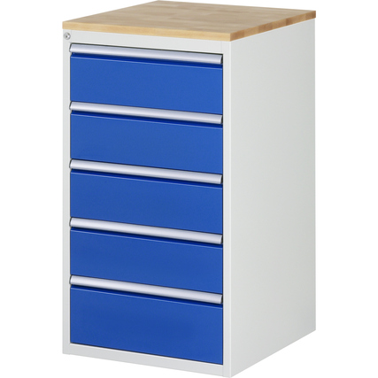Blauer Schubladenschrank mit fünf Schubladen und Holzoberfläche, seitliche Ansicht.