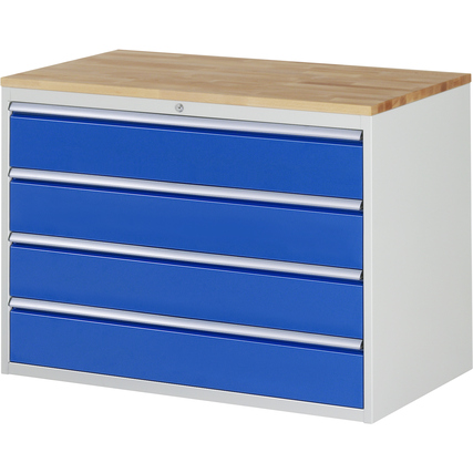 Schubladenschrank mit blauen Fronten und einer Holzoberfläche, ausgestattet mit vier Schubladen.