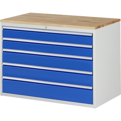 Blauer Schubladenschrank mit fünf Schubladen und Holzarbeitsplatte, frontal aufgenommen.