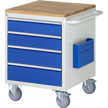 Werkstattwagen mit vier blauen Schubladen, Holzplatte und seitlicher Dokumententasche.