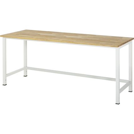 Arbeitstisch mit hellen Holzplatten und einem stabilen weißen Stahlgestell.
