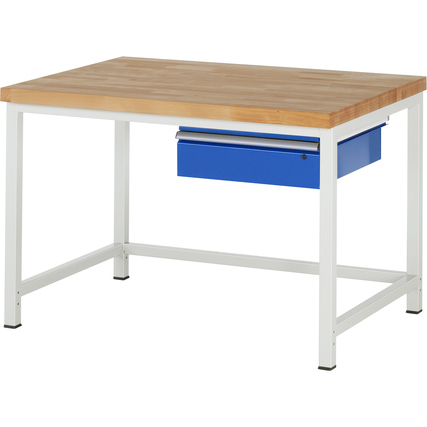 Werkbank mit Holzplatte und blauer Schublade auf einem weißen Stahlgestell, seitliche Ansicht.