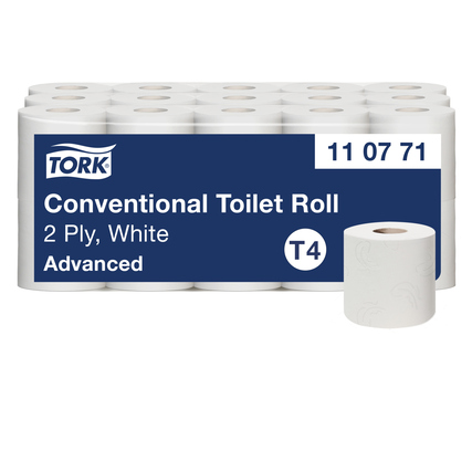 Verpackung mit mehreren Rollen Toilettenpapier und einer einzelnen Rolle vorne.