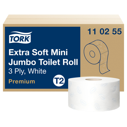Mini Jumbo Toilettenpapierrolle in weiß mit Lorbeerblatt-Prägung und Verpackung im Hintergrund.