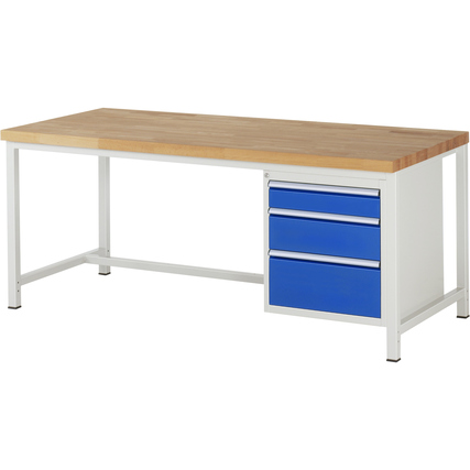 Blick auf eine Werkbank mit Holzplatte und drei blauen Schubladen, seitliche Ansicht.