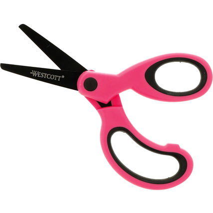 Pinkfarbene Bastelschere mit transparentem Klingenaufsatz und asymmetrischem Design.