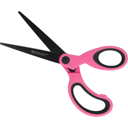 Pinke Bastelschere mit asymmetrischem Design und schwarzer Klinge auf weißem Hintergrund.