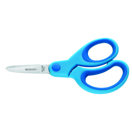 Blaue Bastelschere mit ergonomischem Softgrip, spitze Klingen, für Kinder geeignet.
