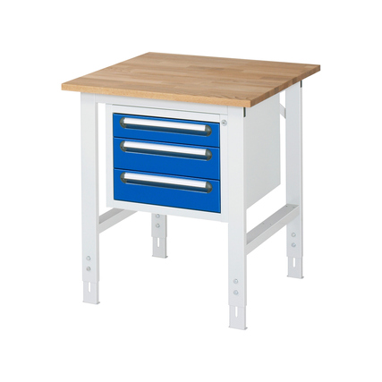 Arbeitstisch mit Holzplatte und drei blauen Schubladen, seitliche Ansicht.