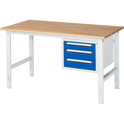 Arbeitstisch mit Holzplatte und blauem Schubladenelement, drei Schubladen.