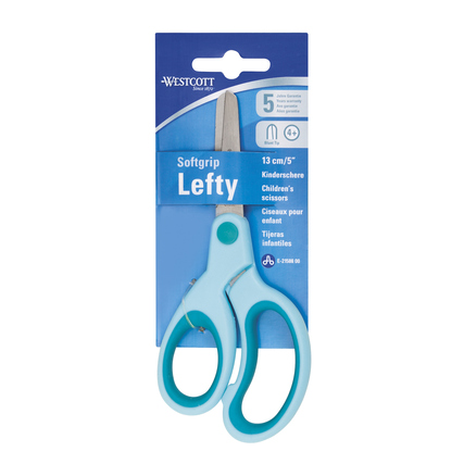 Bastelschere für Kinder in blau mit ergonomischen Softgripgriffen auf Verpackung.