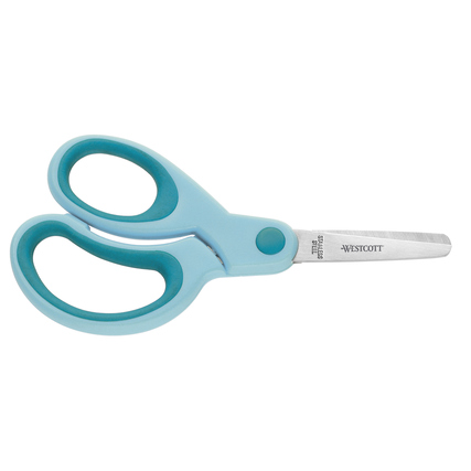 Blaue Bastelschere mit abgerundeten Klingen und ergonomischen Softgrip Griffen für Kinder.