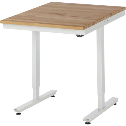 Höhenverstellbarer Arbeitstisch mit einer Holzplatte und weißen Metallbeinen.