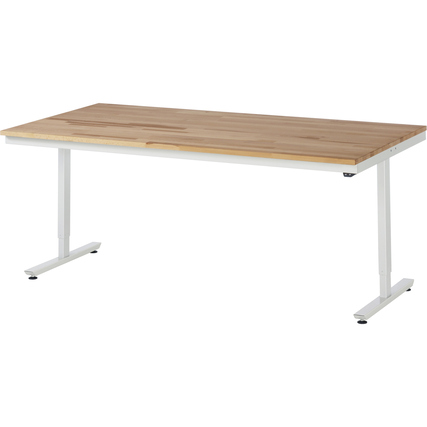 Höhenverstellbarer Arbeitstisch mit Holzoberfläche und weißen Metallbeinen.