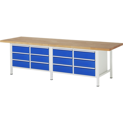 Werkbank mit Holzarbeitsplatte und mehreren blauen Schubladen auf einem Stahlgestell.