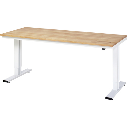 Höhenverstellbarer Arbeitstisch mit Holzplatte und weißen Metallbeinen.