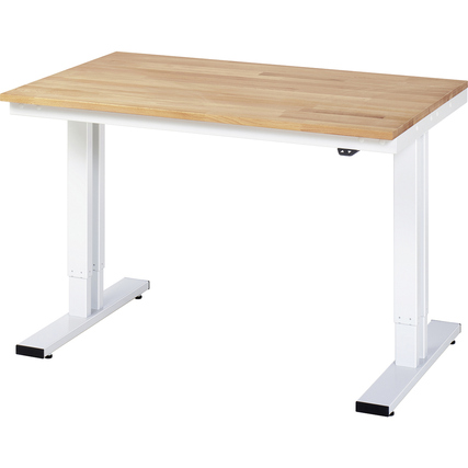 Höhenverstellbarer Arbeitstisch mit Holzplatte und weißen Metallbeinen.