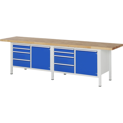 Blaue Werkbank mit Holzplatte und 8 Schubladen in einem Produktabbildung.