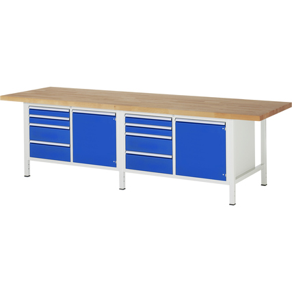 Blick auf eine Werkbank mit Holzplatte und blauen Schubladen sowie Flügeltüren.