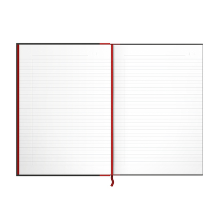 Offenes liniert Notizbuch mit rotem Lesezeichen und zwei weißen Seiten im DIN A4 Format.
