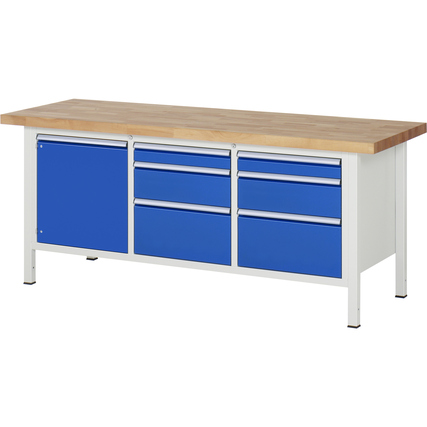 Blaue Werkbank mit Holzarbeitsplatte und mehreren Schubladen sowie einem Unterbau-Container.