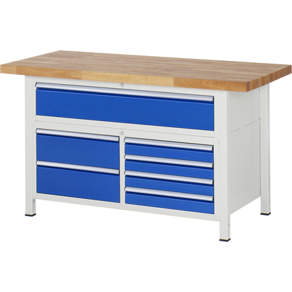 Werkbank mit Buchenplatte und blauen Schubladen, ausgestattet mit einem stabilen Gestell.